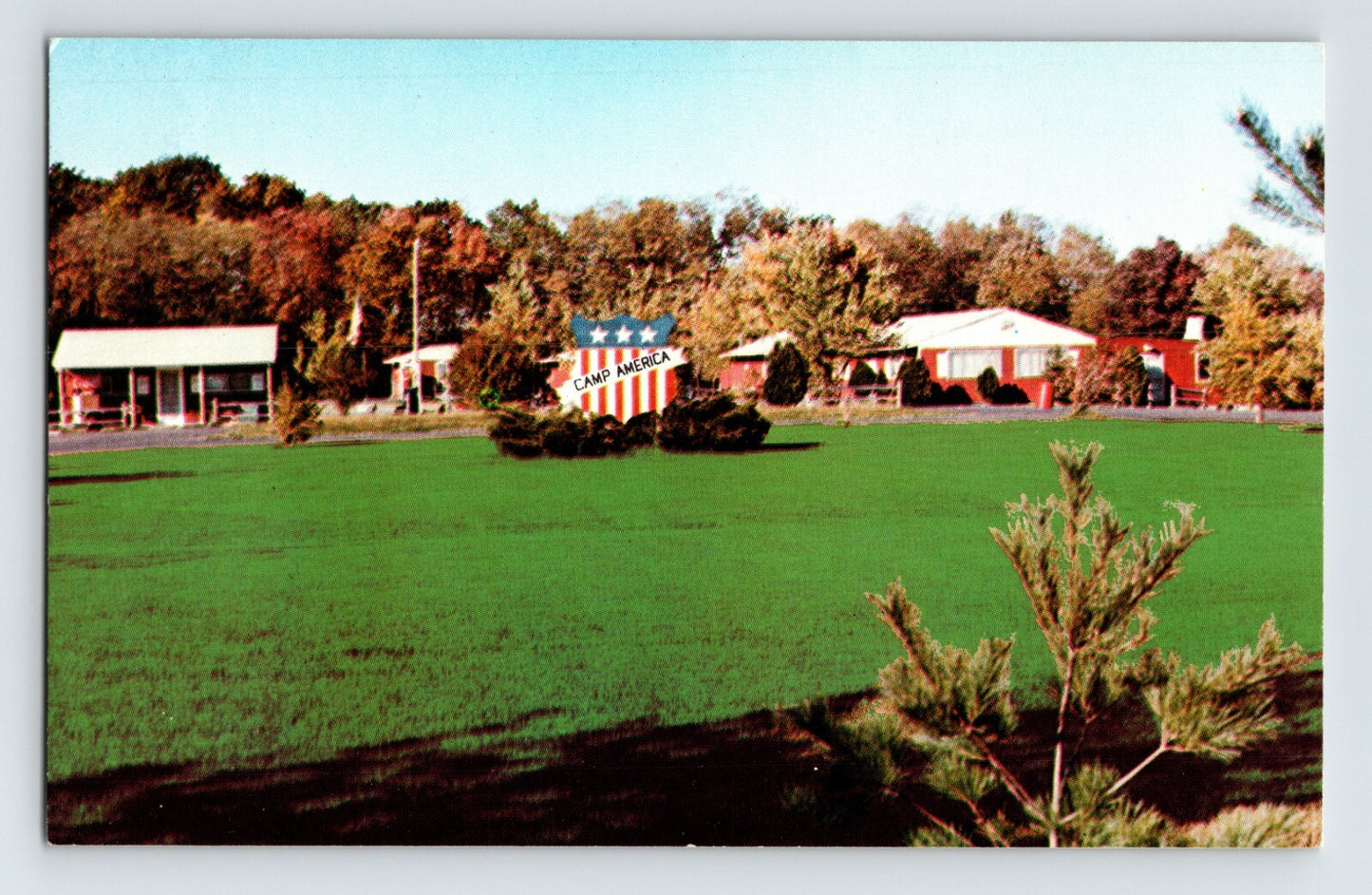 Oxford Ohio Camp America roadside buildings lawn patriotic sign 1960s postcard