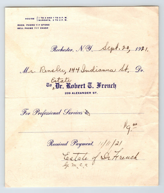 Rochester New York 1921 Dr Robert French Billhead 6.5 x 5.5