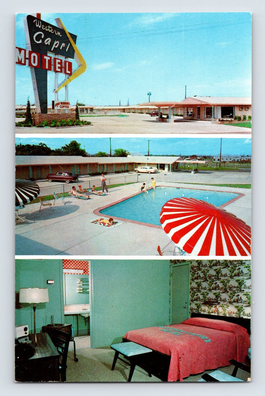 Tulsa Oklahoma Western Capri Motel Route 66 swimming pool roadside sign chrome postcard
