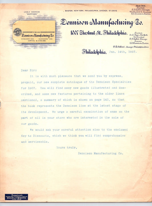 Philadelphia Pennsylvania Dennison Manufacturing Company 1907 letterhead with embossed branding and typed catalog correspondence on full sheet paper