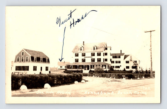 Kennebunk Beach Maine seaside hotel complex porch oceanfront buildings annotated Ernest House RPPC postcard
