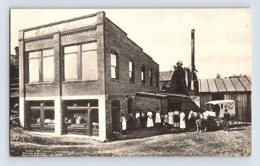 Sepia postcard showing Peils Elite Domestic Laundry brick building with horse drawn delivery wagon and staff posed outside Medford Oregon 1910s