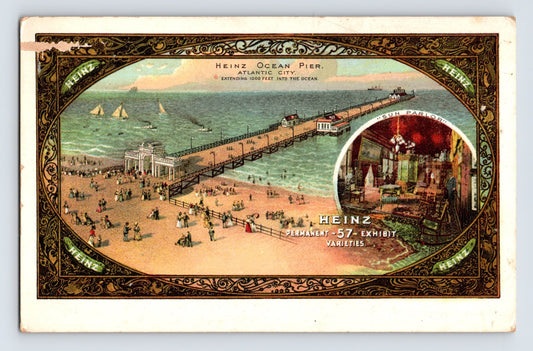 Heinz Ocean Pier Atlantic City panoramic postcard with beach crowd and exhibit inset