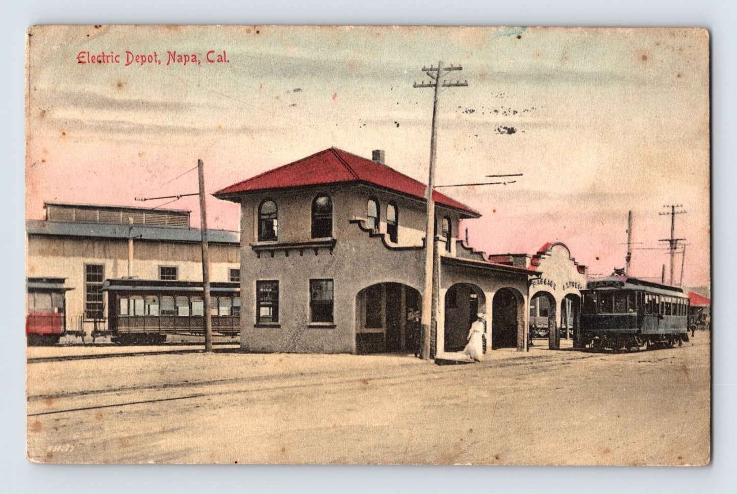 Napa California electric railroad depot with trolley car and station building on Main Street, 1907 color postcard posted