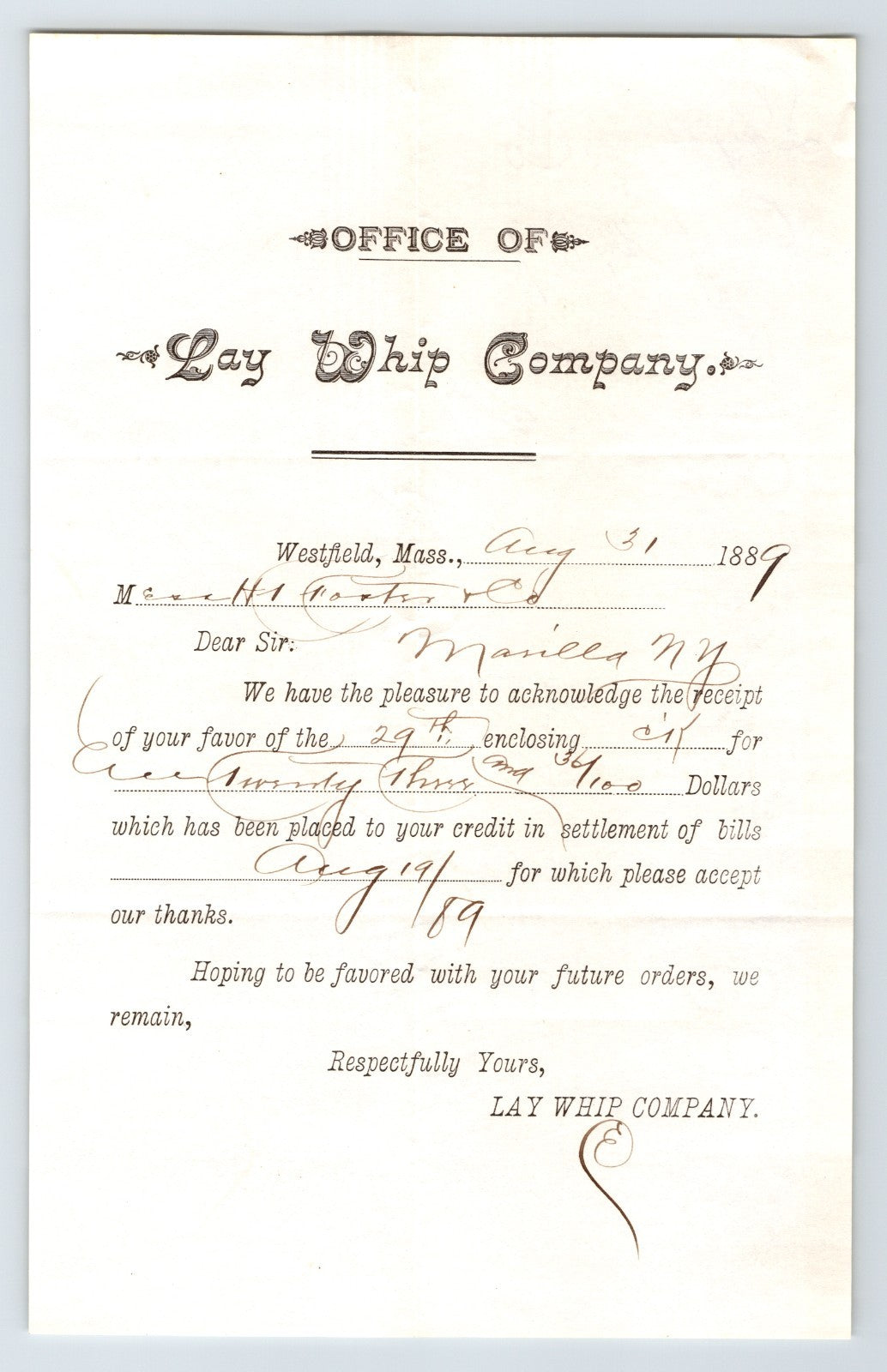 Westfield Massachusetts 1889 Lay Whip Company Billhead 8 x 5