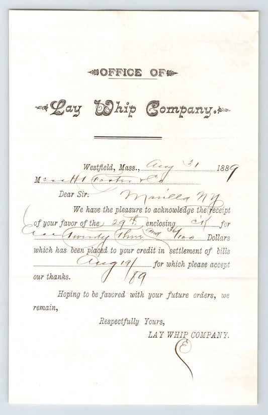Westfield Massachusetts 1889 Lay Whip Company Billhead 8 x 5