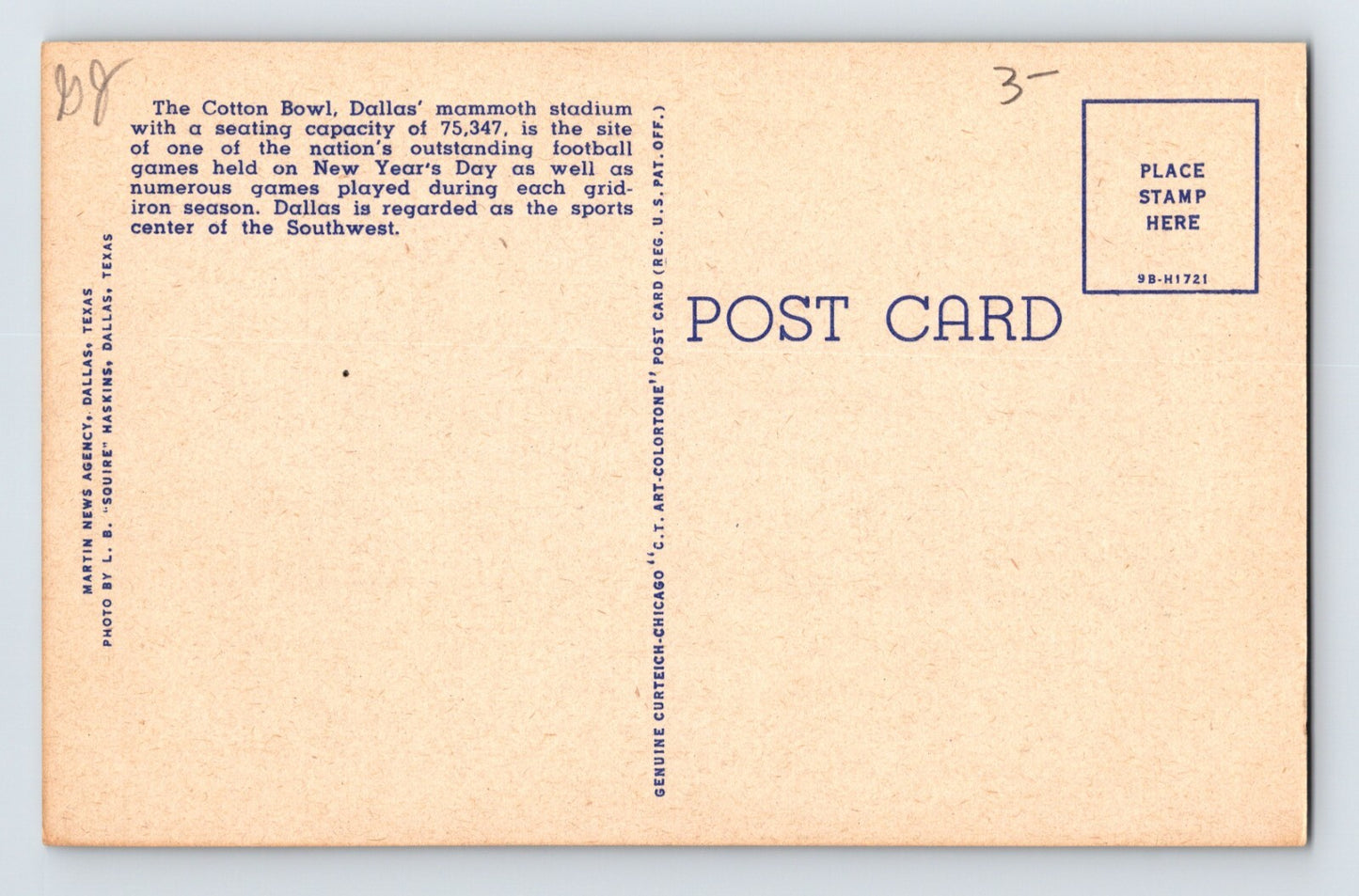 Dallas Texas Cotton Bowl Football Stadium 1940s Postcard Unposted Linen