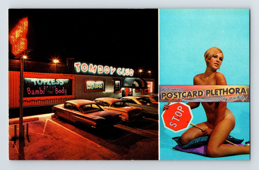 A neon-lit building with 'Tomboy Club' sign and vintage cars, alongside an image of a woman with a stop sign.