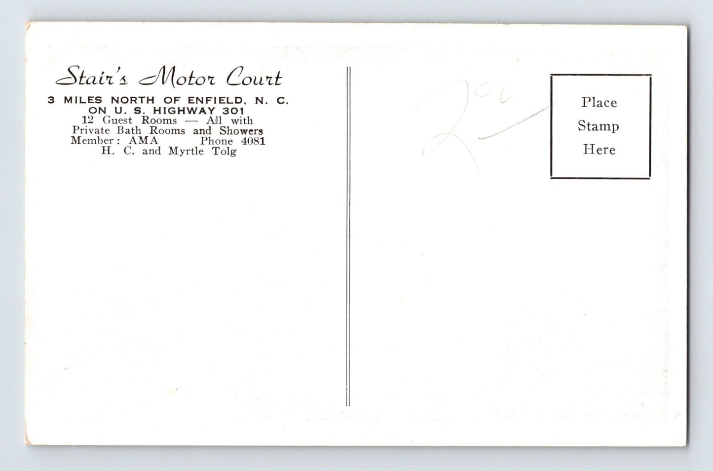 Enfield North Carolina Stair’s Motor Court Motel 1940s Postcard B&W Unposted