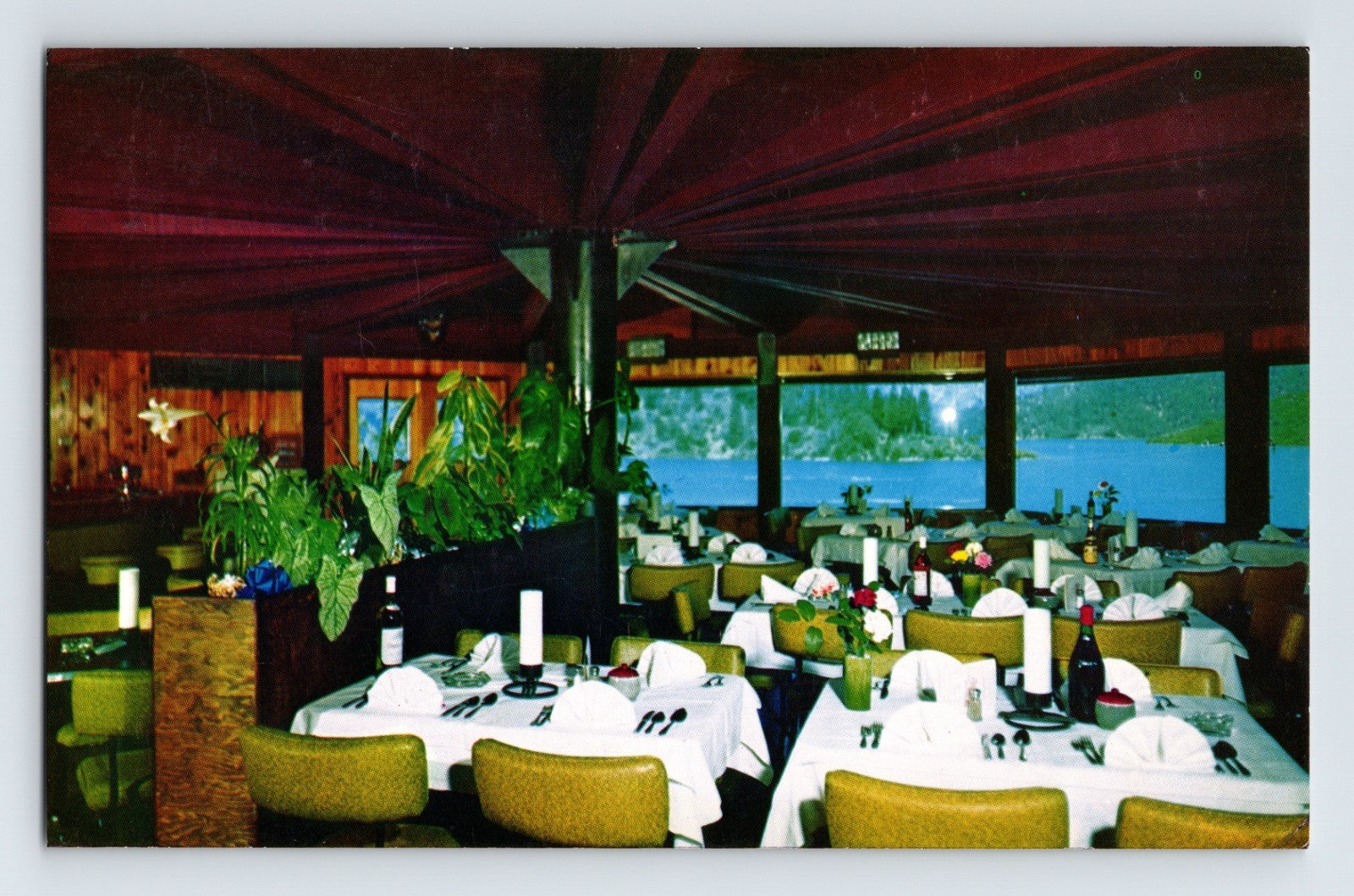 Mt Shasta Lake California Mon Desir Dining Inn interior dining room tables white linens panoramic lake view chrome postcard