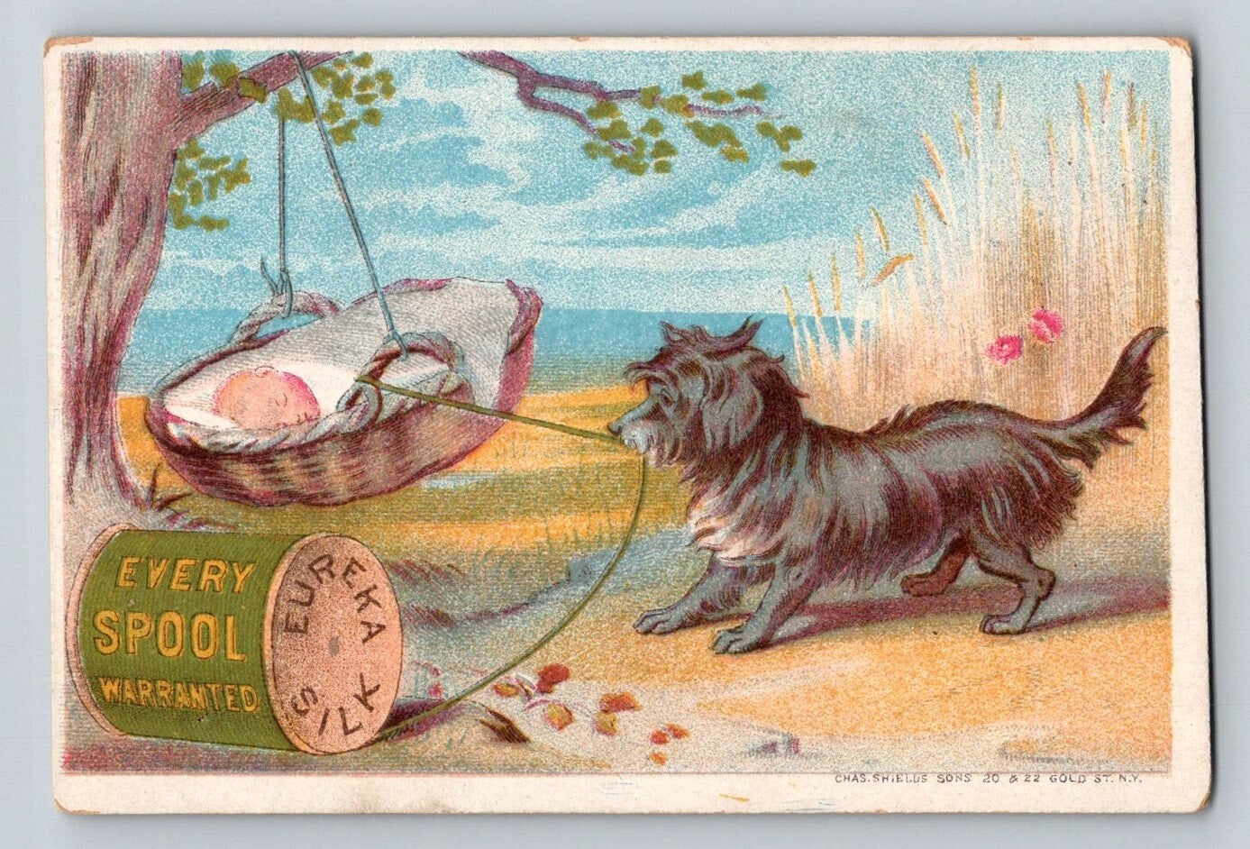 Eureka Silk Dog Baby Sitting Sewing Thread 1890s Victorian Trade Card 4 x 3