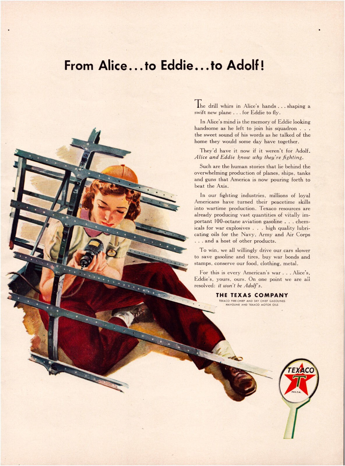 Texaco 1943 WWII print ad showing female factory worker using drill aircraft frame Rosie the Riveter style illustration