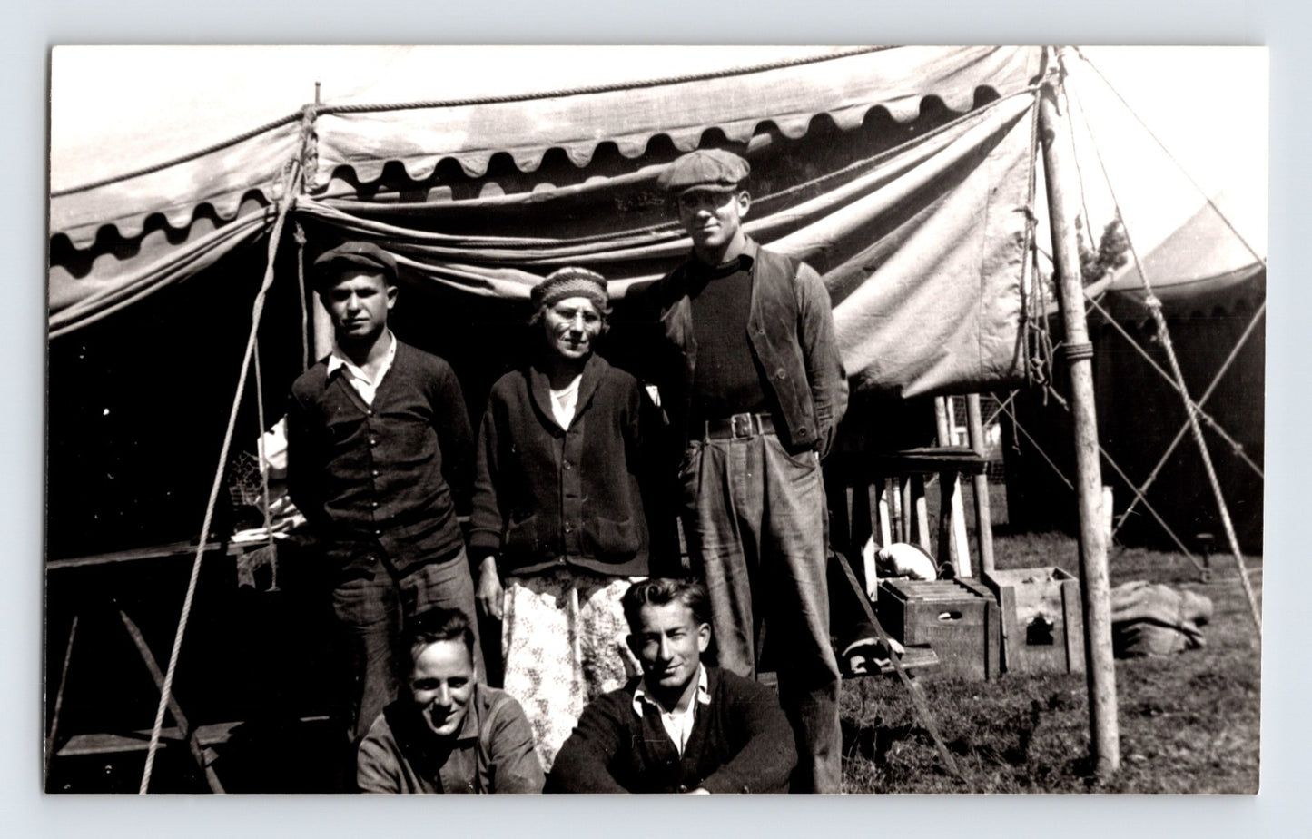 Mills Bros Circus 1960s circus personnel standing outside canvas tent backstage photograph