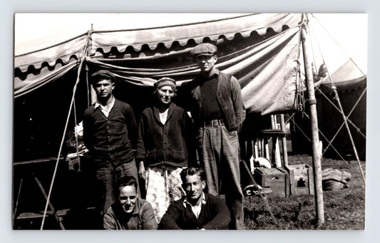 Mills Bros Circus 1960s circus personnel standing outside canvas tent backstage photograph