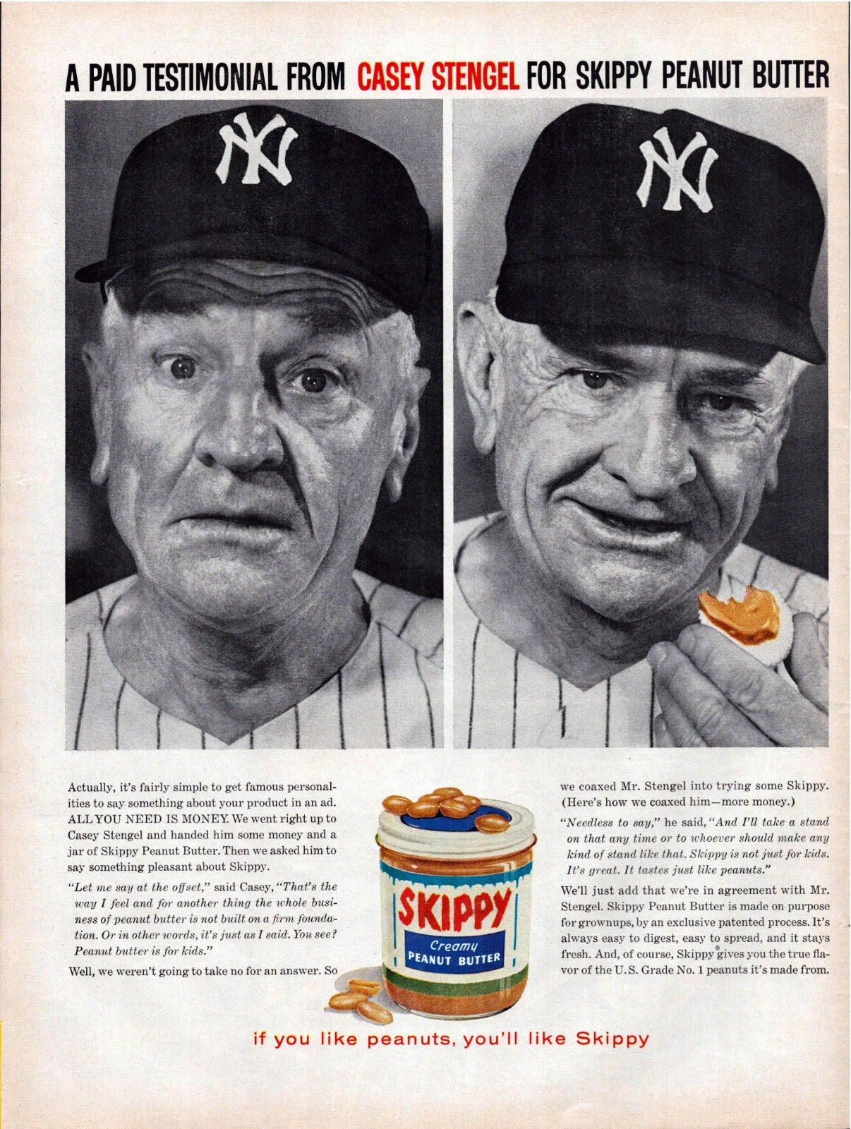 Skippy Peanut Butter 1959 Casey Stengel New York Yankees Print Ad 10.5 x 13.5