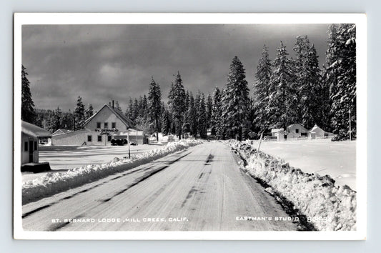 Real photo postcard of St Bernard Lodge in Mill Creek California showing snow covered roadway and tall pine trees in winter