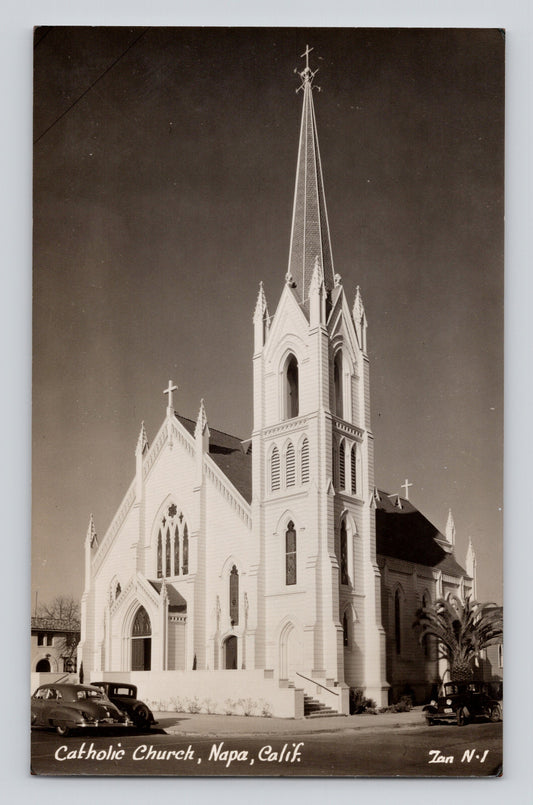 Napa California Catholic Church Auto RPPC Postcard 1930s Zan Unposted