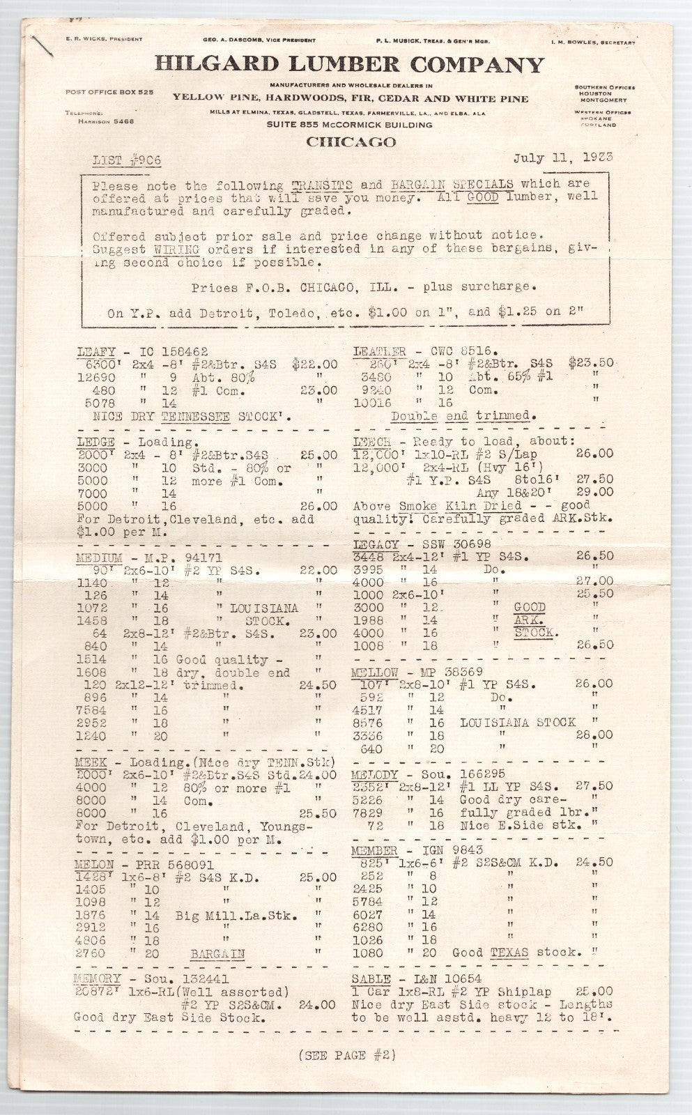 Hilgard Lumber Company Chicago Illinois 1933 letterhead price sheet lumber listings two page document