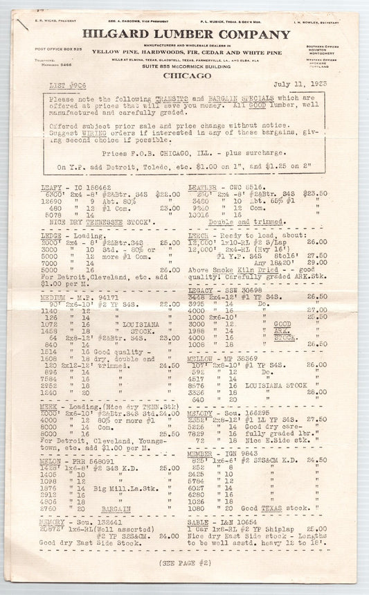 Hilgard Lumber Company Chicago Illinois 1933 letterhead price sheet lumber listings two page document