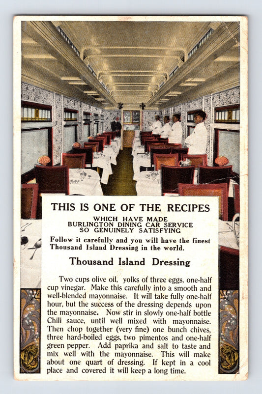 1920s Burlington Route railroad dining car interior Thousand Island dressing recipe postcard archival image