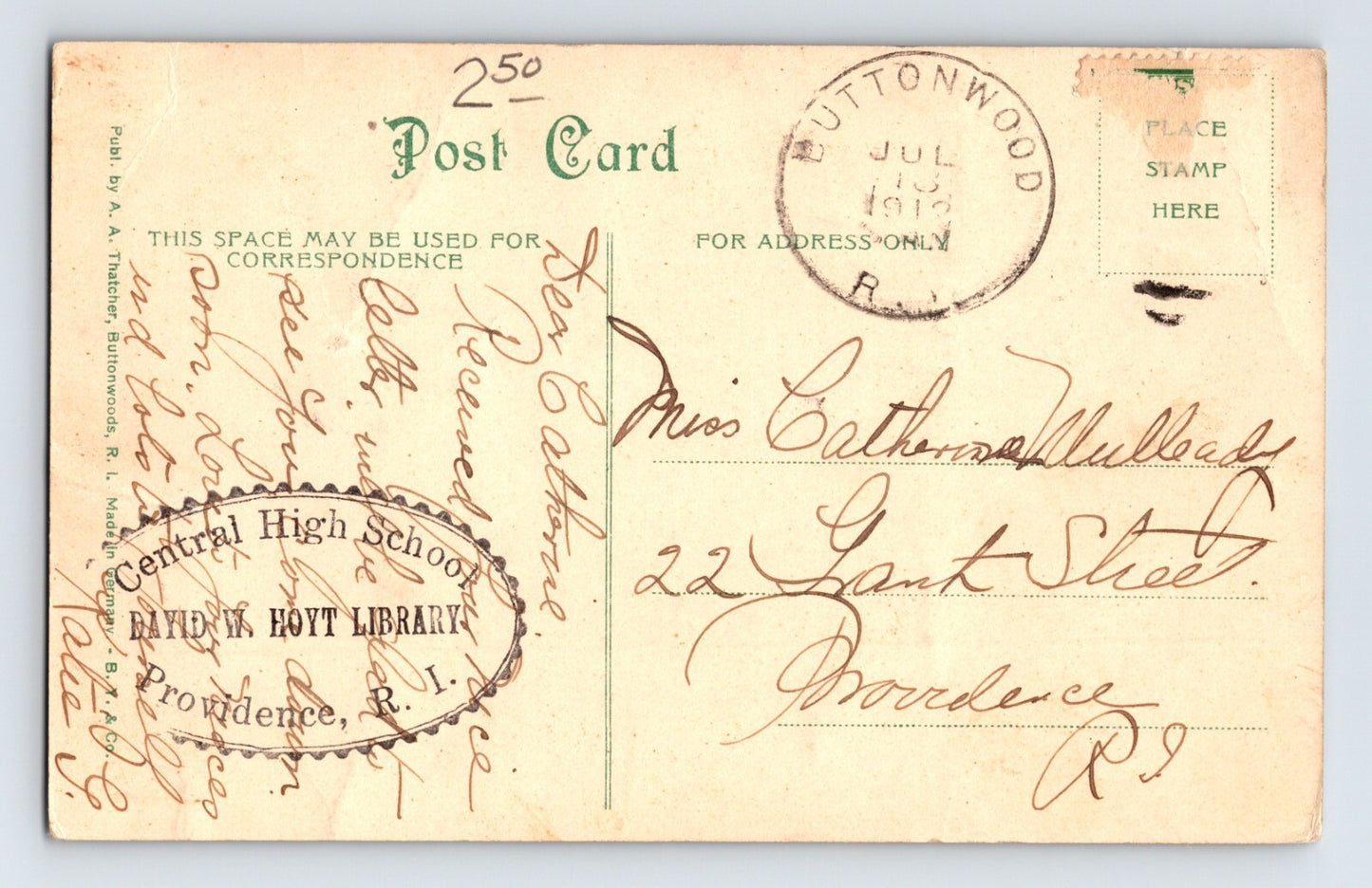 Buttonwoods Rhode Island Park 1912 Postcard Posted Divided Back
