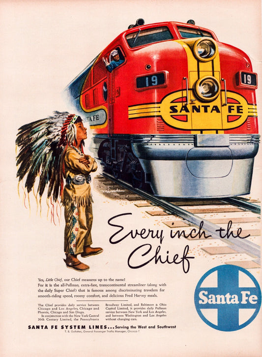 Santa Fe railroad Chief train 1948 print ad with red locomotive and Native American figure illustration