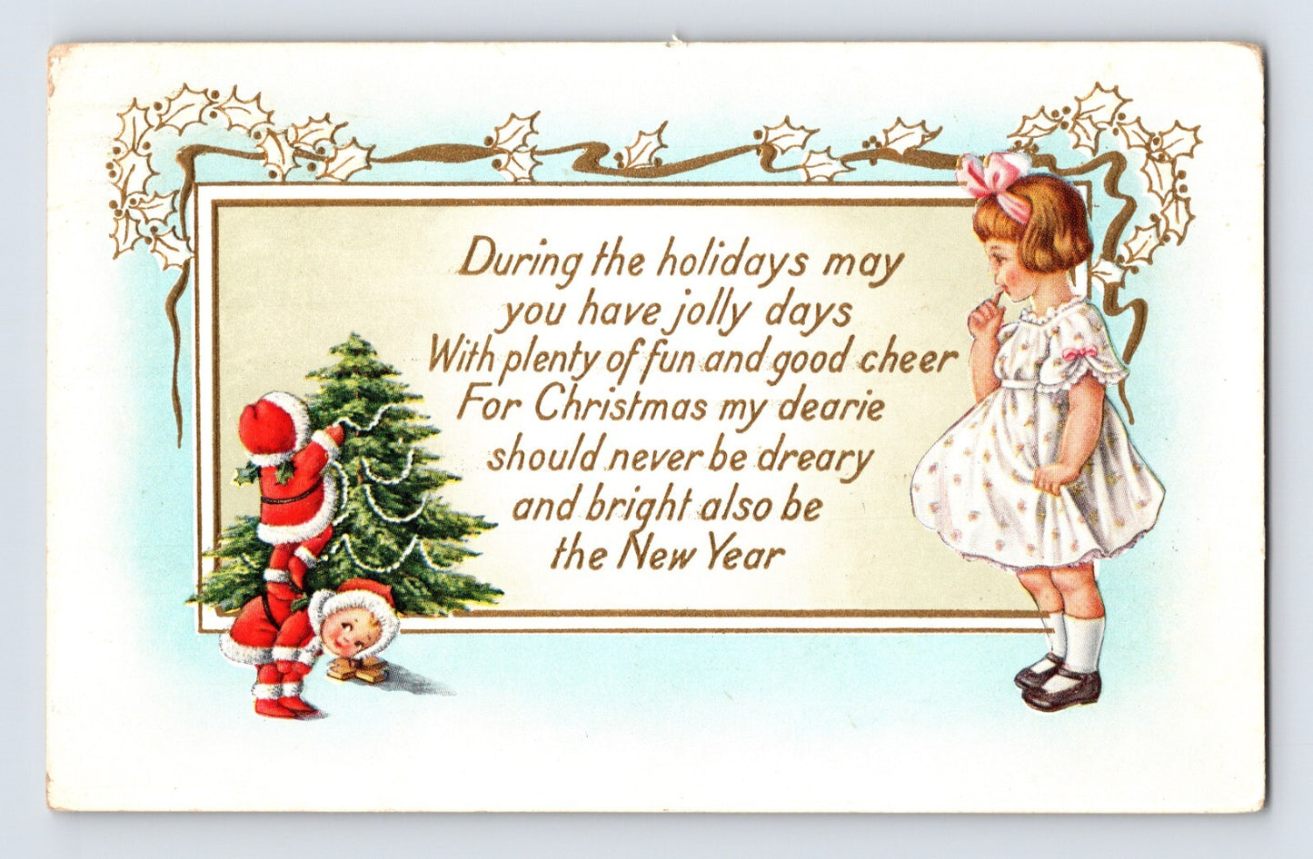 Christmas postcard little girl Santa trimming tree 1915 Whitney Made holiday illustration