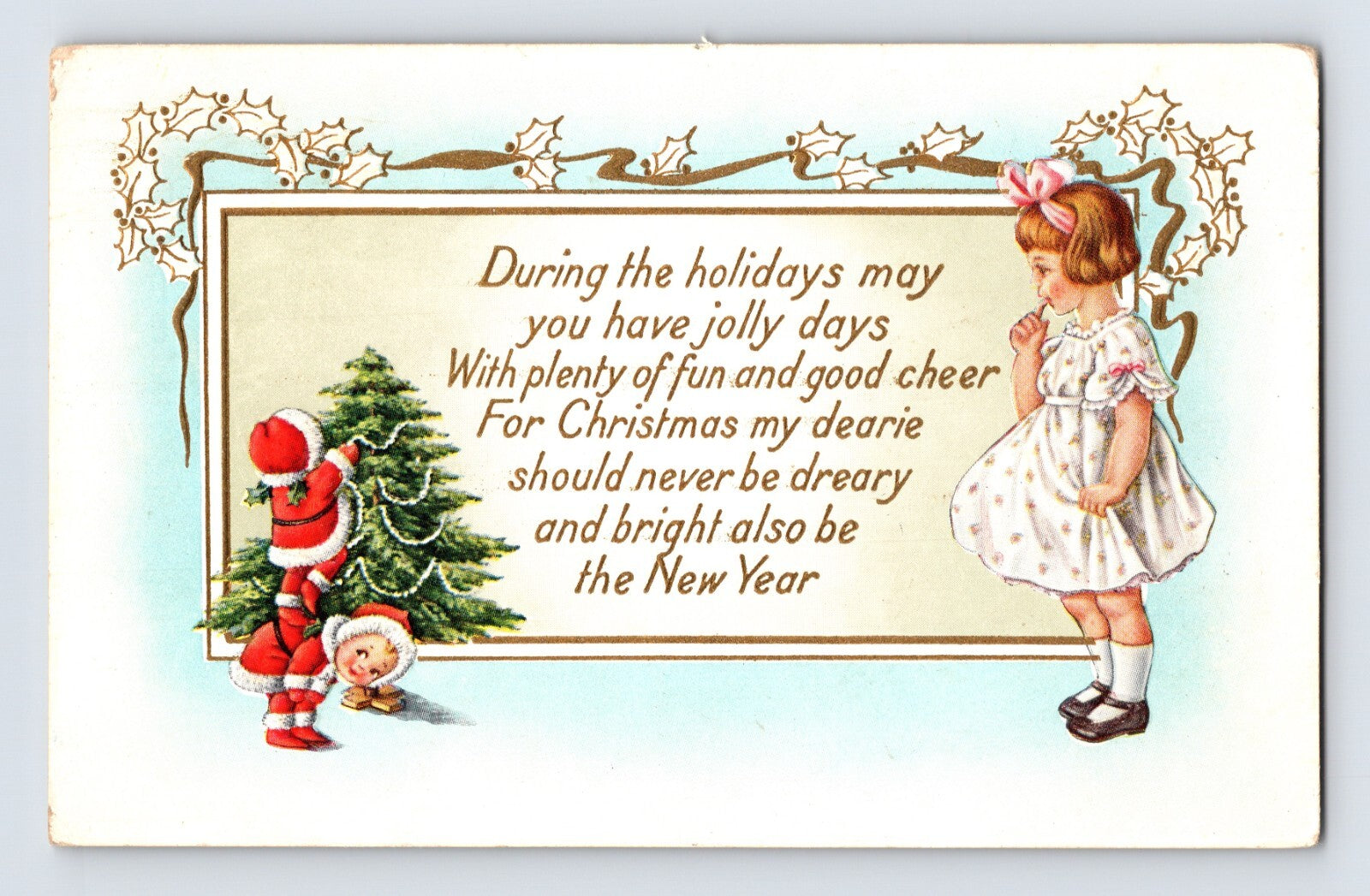 Christmas postcard little girl Santa trimming tree 1915 Whitney Made holiday illustration