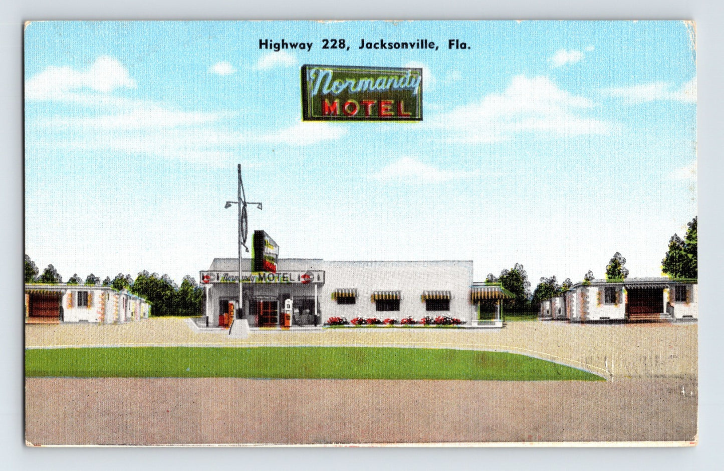 Jacksonville Florida Normandy Motel highway roadside gas station cabins 1940s linen postcard