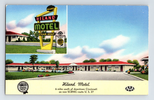 Cincinnati Ohio Hiland Motel roadside sign neon AAA motor court 1950s chrome postcard