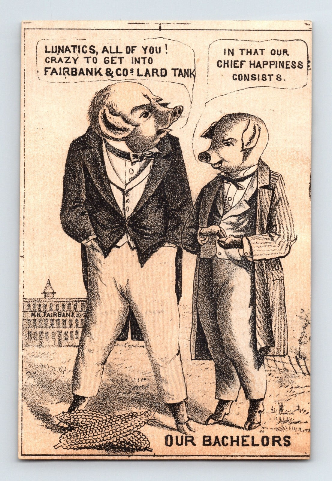Fairbank Company lard Victorian trade card with anthropomorphic pigs in suits discussing bachelors