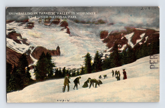 Paradise Valley Washington Mount Rainier snowballing scene 1910s postcard snow figures mountain landscape
