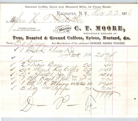 Rochester New York 1876 C T Moore Tea Coffee Spice Mustard Billhead - 8.5 x 7