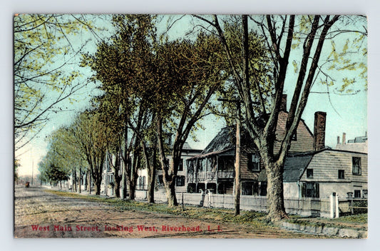 West Main Street looking east Riverhead Long Island New York 1910s divided back postcard with tree lined street and houses