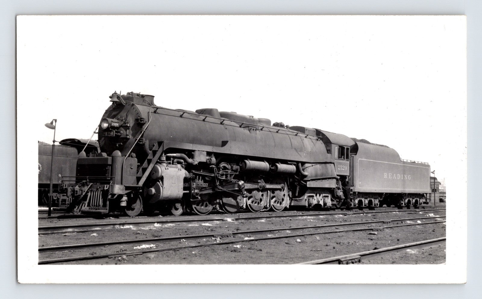 Black and white photograph of Reading Railroad 4-8-4 steam locomotive at Communipaw New Jersey 1949