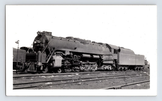 Black and white photograph of Reading Railroad 4-8-4 steam locomotive at Communipaw New Jersey 1949