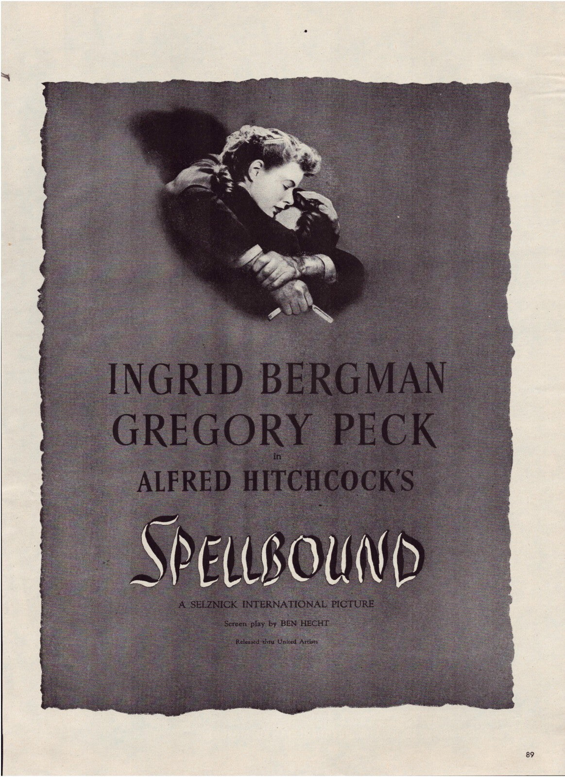 Spellbound Film 1945 Hitchcock Ingrid Bergman Gregory Peck Print Ad 10.5 x 13.5