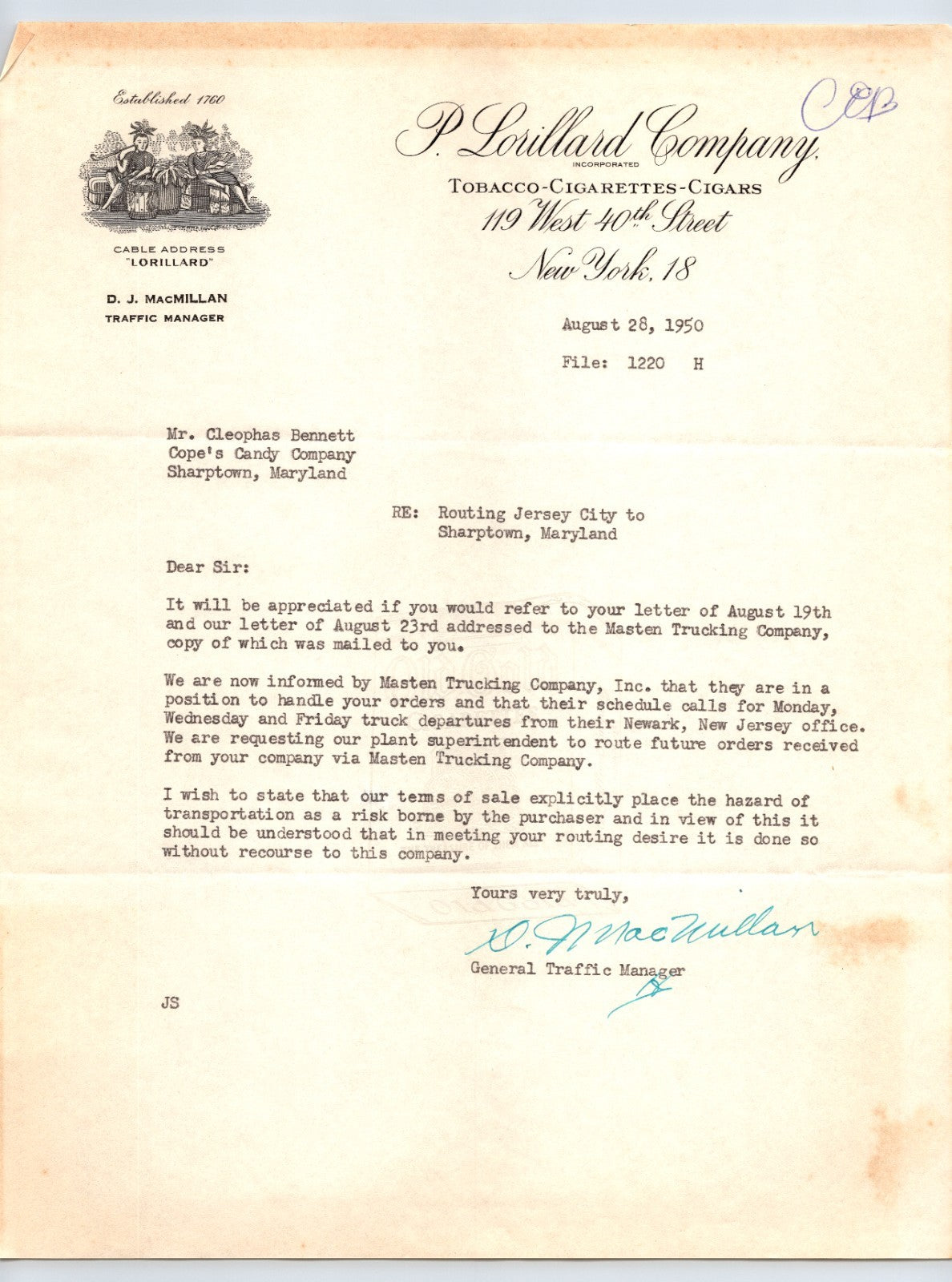 P Lorillard Company New York 1950 tobacco cigar letterhead business correspondence