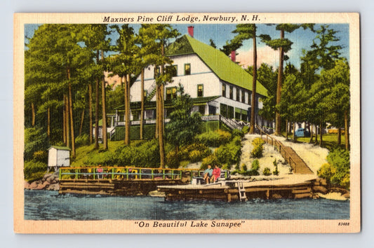 Newbury New Hampshire Maxners Pine Cliff Lodge Lake Sunapee resort waterfront postcard 1952