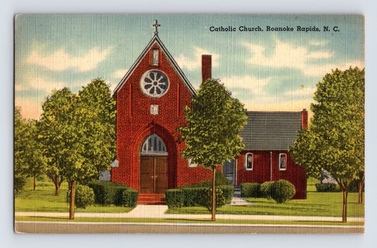 Roanoke Rapids North Carolina Catholic Church 1943 linen postcard with red brick church and landscaped grounds
