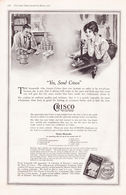 Crisco 1916 Print Ad Oyster Shortcake Recipe Full Page 11 x 16