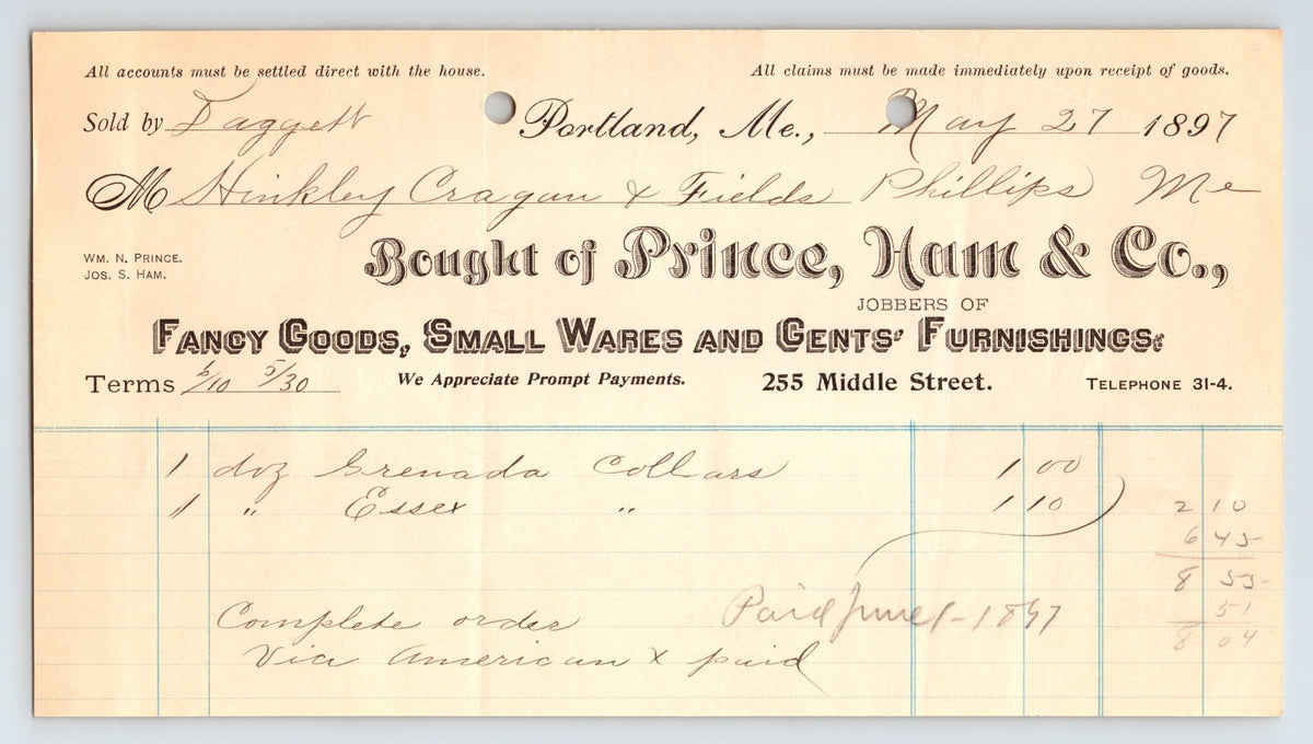 Portland Maine Prince Ham Company fancy goods billhead 1897 Middle Street invoice