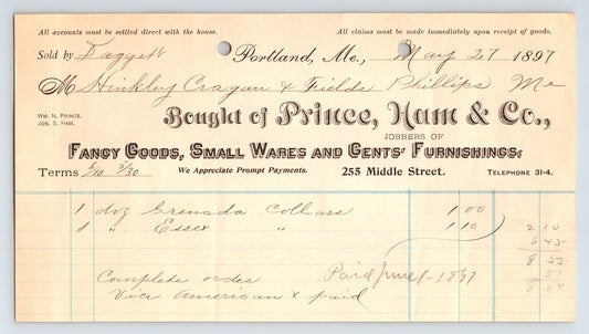 Portland Maine Prince Ham Company fancy goods billhead 1897 Middle Street invoice