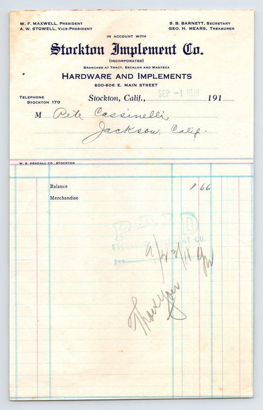 Stockton California 1918 Stockton Implement Company hardware billhead ledger invoice