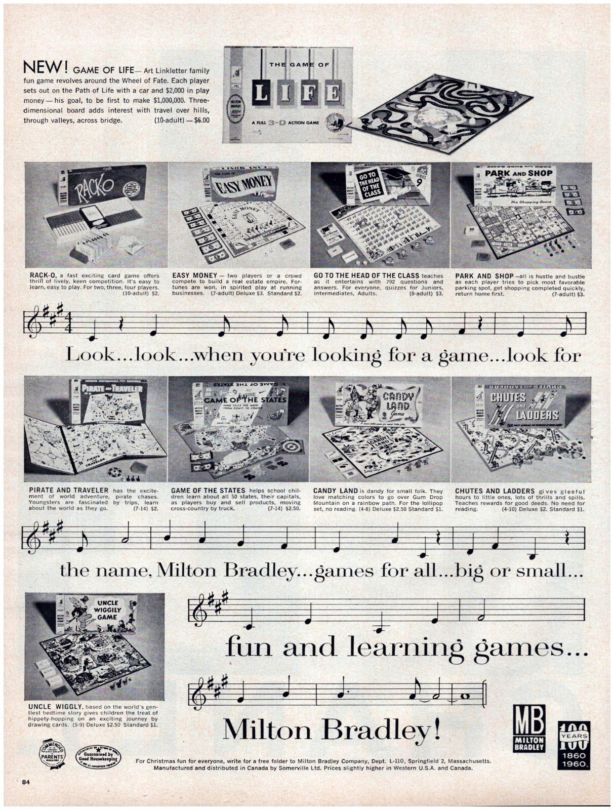 Milton Bradley 1960 Game of Life board game print ad showing multiple games with musical notation and product displays