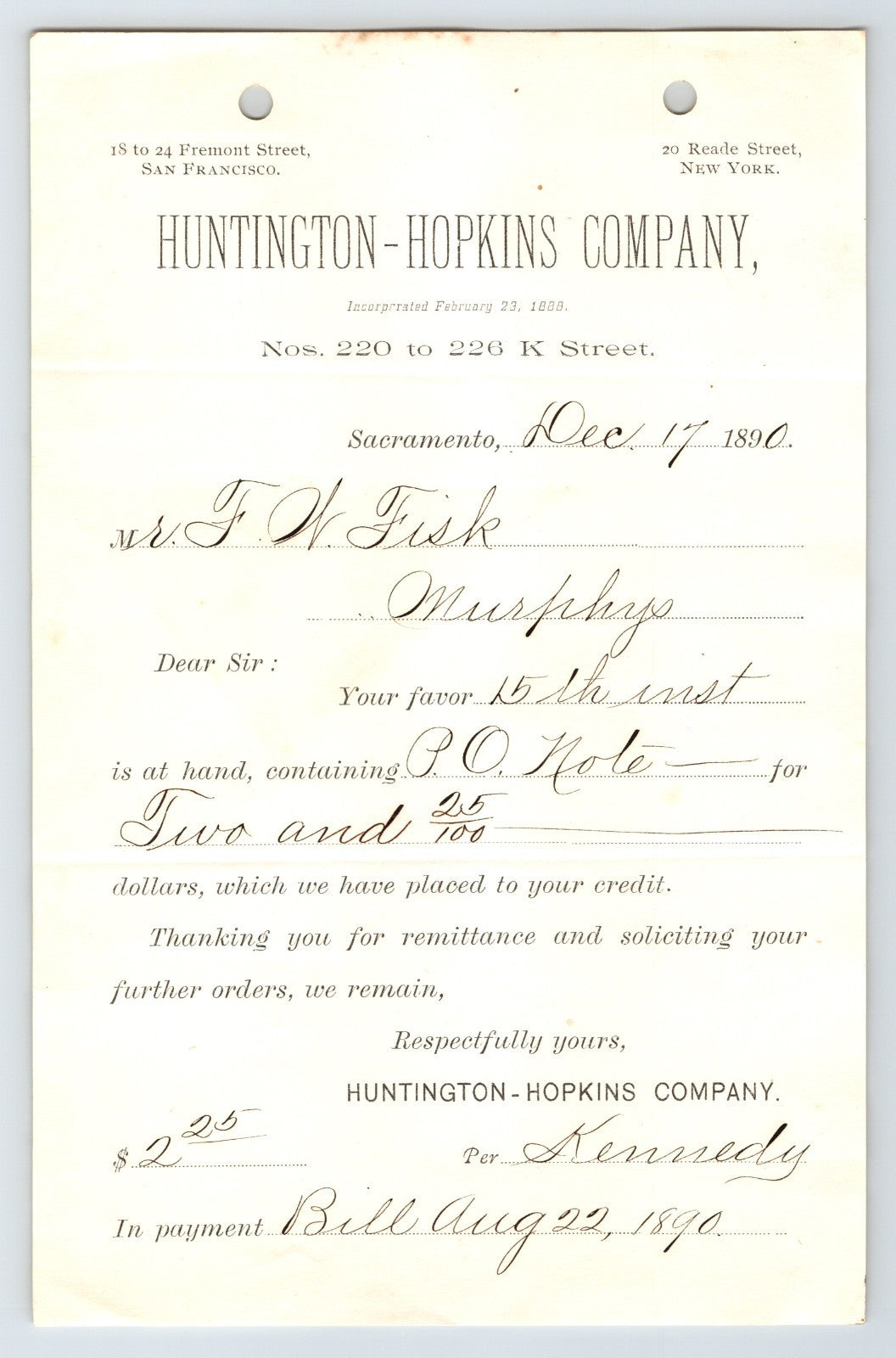 Vintage letter from Huntington-Hopkins Company with printed text and signature