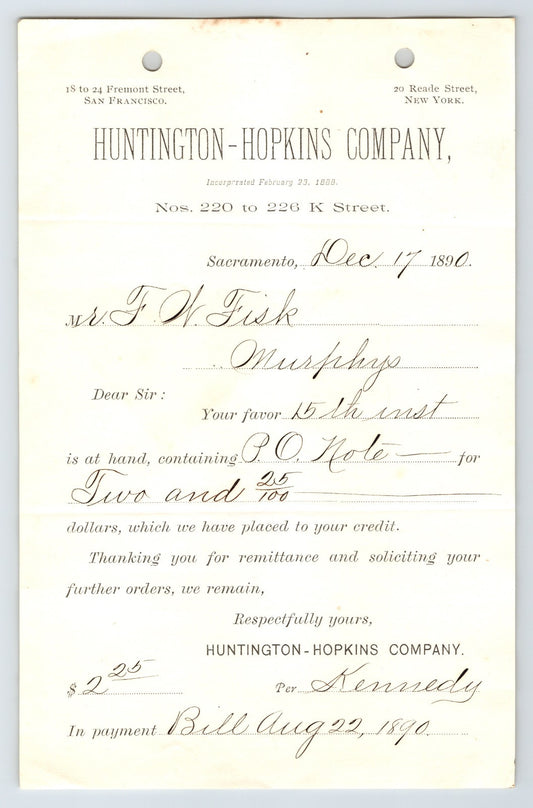 Vintage letter from Huntington-Hopkins Company with printed text and signature