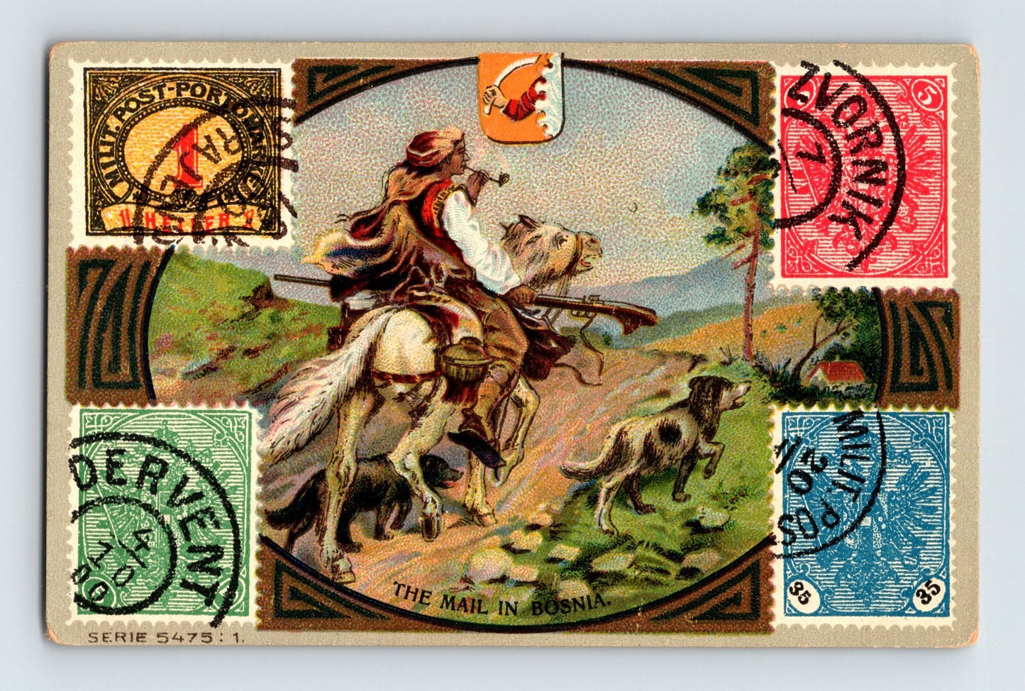 Bosnia Serbia mail postage stamps trade card with rider on horseback and decorative stamp border 1910s