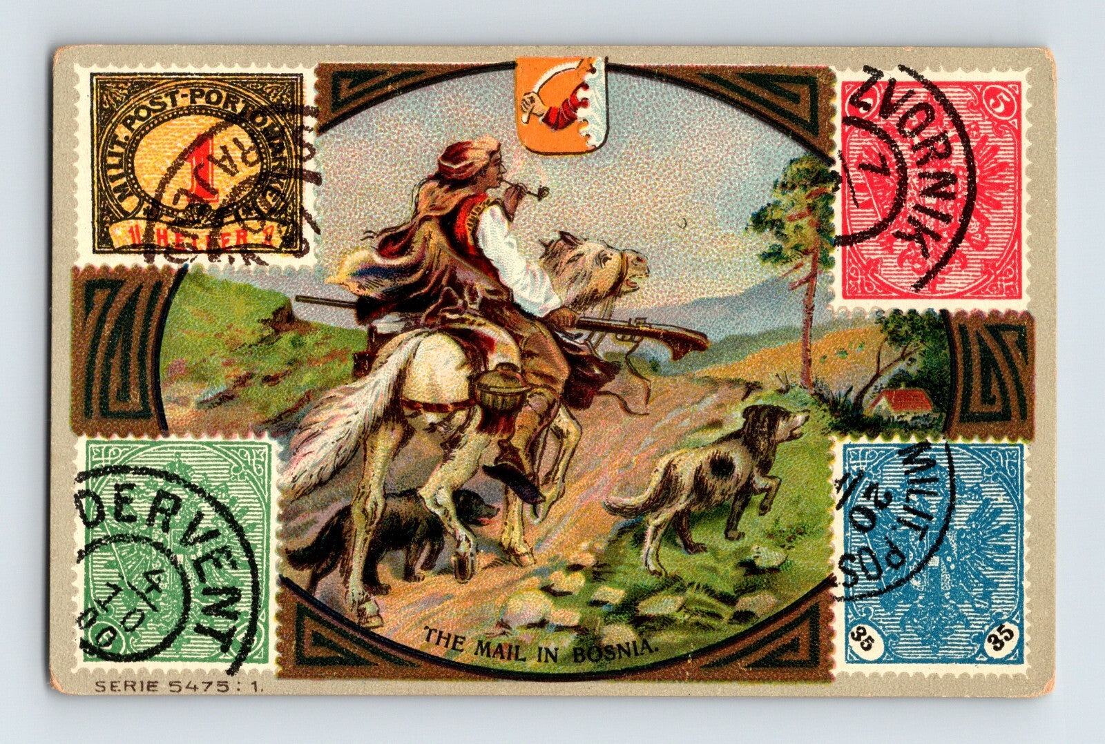 Bosnia Serbia mail postage stamps trade card with rider on horseback and decorative stamp border 1910s