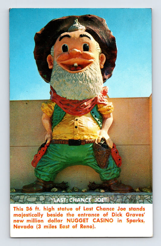 Color postcard showing the 36-foot-tall Last Chance Joe 49er statue at the Nugget Casino, dressed in cowboy attire with hat, beard, red bandana, and holsters; unposted back.
